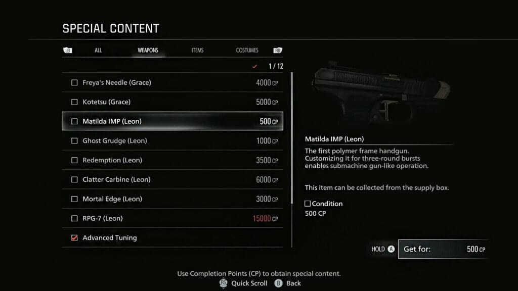 Resident Evil 9 Special Content Unlock Screen Weapon Catogary