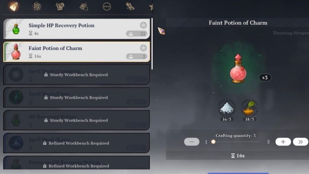 Crafting a Faint Potion of Charm.